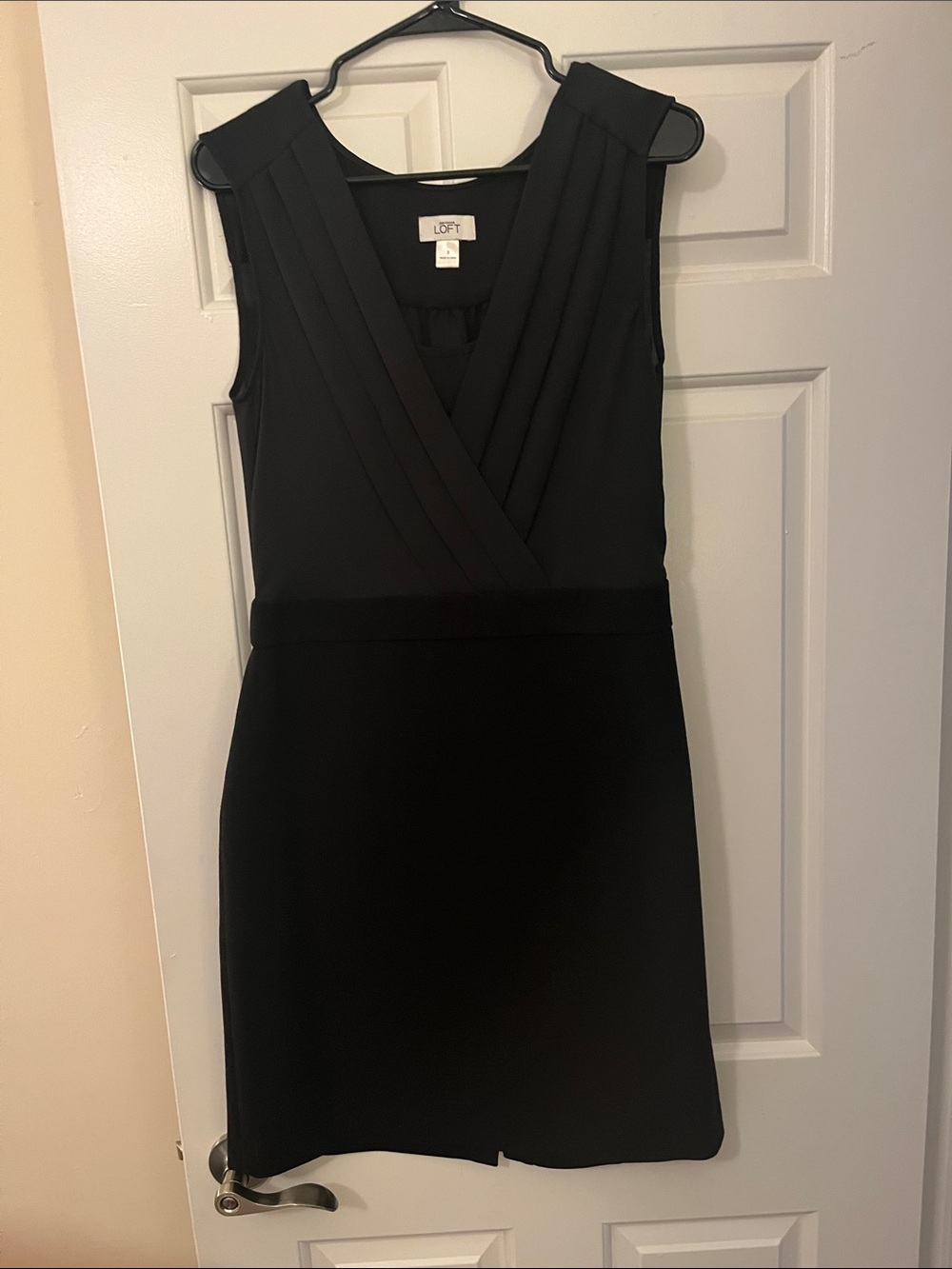 LOFT Black Sleeveless Faux-Wrap Sheath Dress with V-Neck